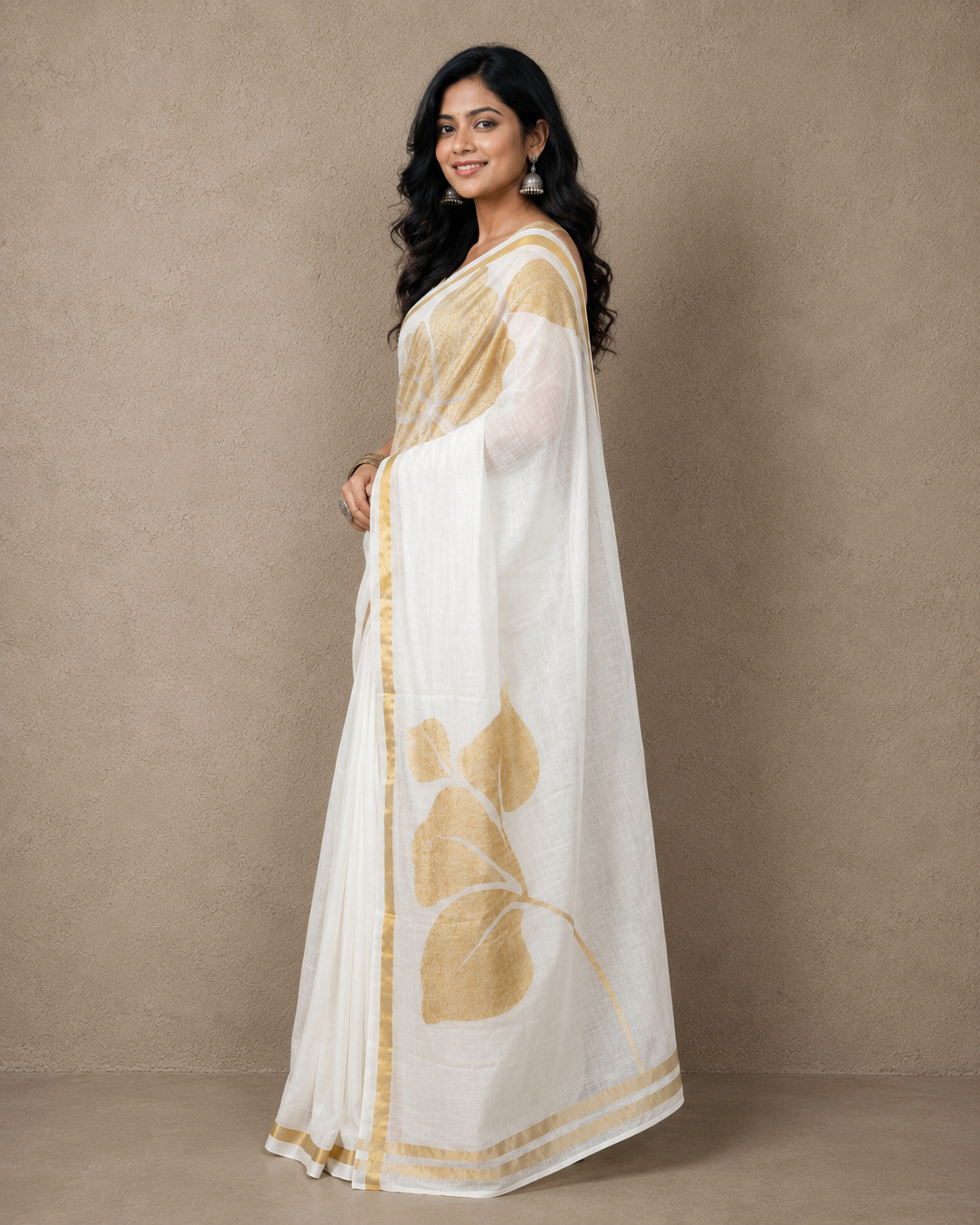 Golden flower black mulmul cotton saree