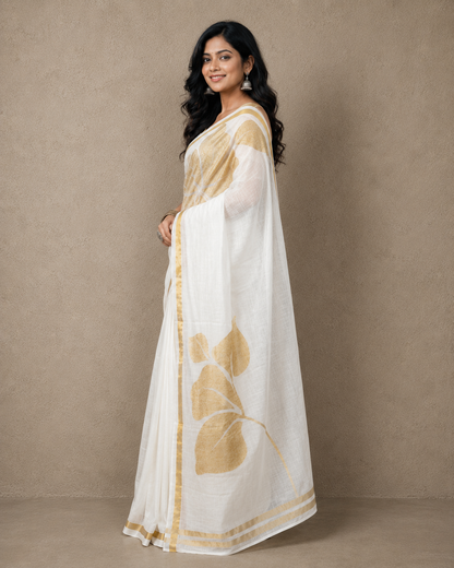 Golden flower black mulmul cotton saree