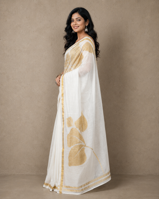 Golden flower black mulmul cotton saree