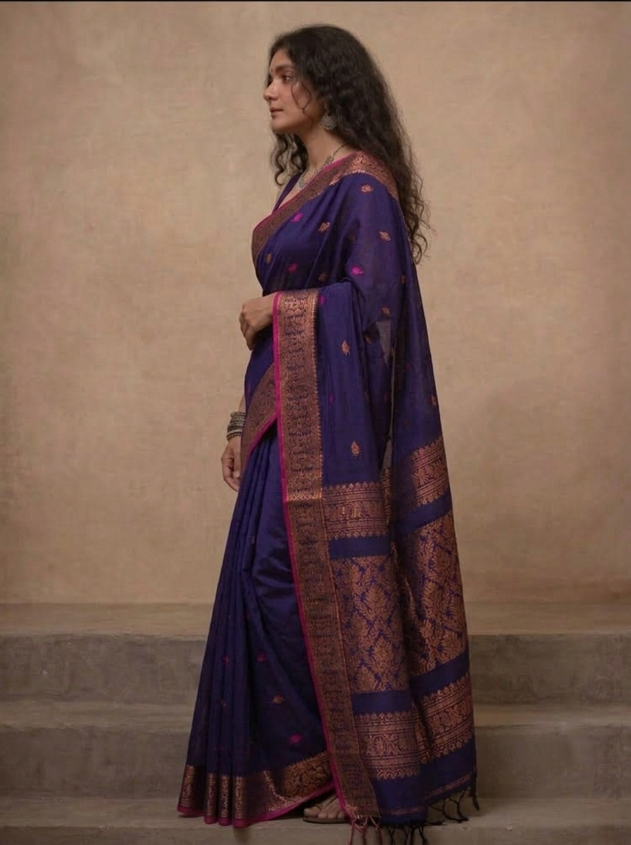 Navy blue handloom saree with contrast pink edging and woven zari pallu