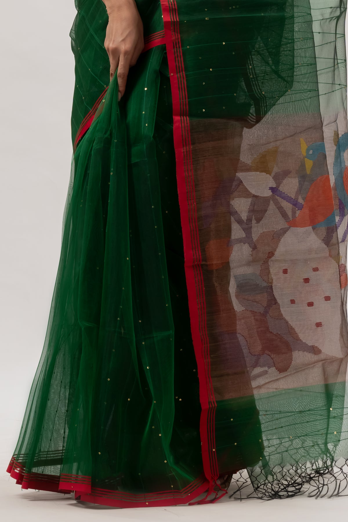 Deep Green Sheer Muslin Saree with Vibrant Paithani pallu motif