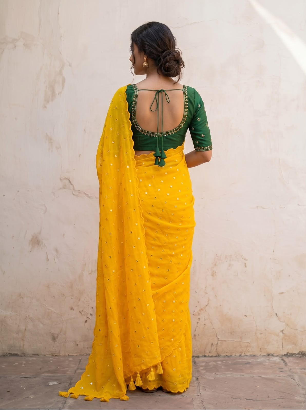 Bright yellow scallop Border Mirror Work Saree