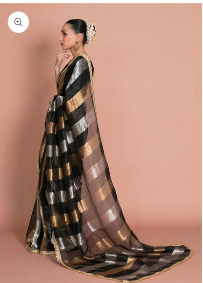 Kora tissue striped saree with brocade blouse piece