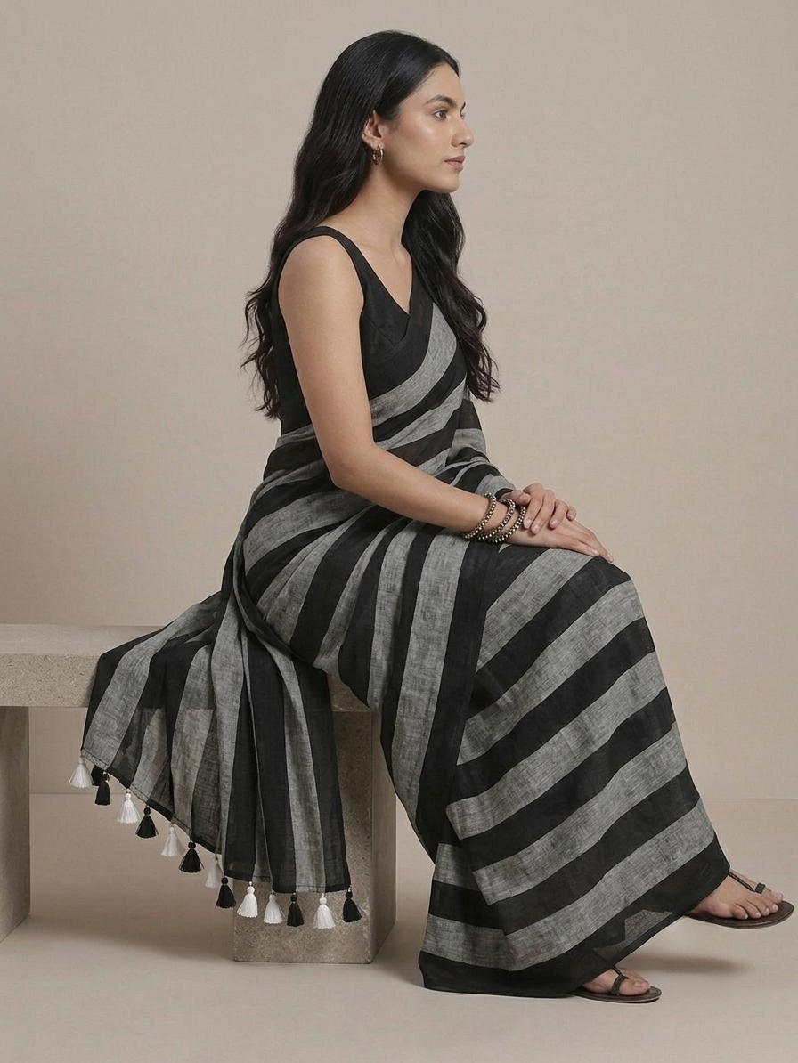 Grey n black striped mulmul cotton saree