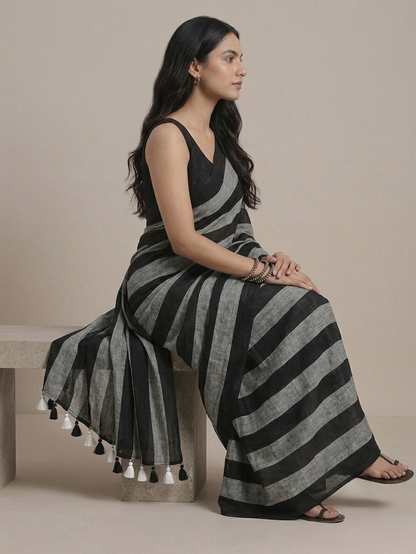 Grey n black striped mulmul cotton saree