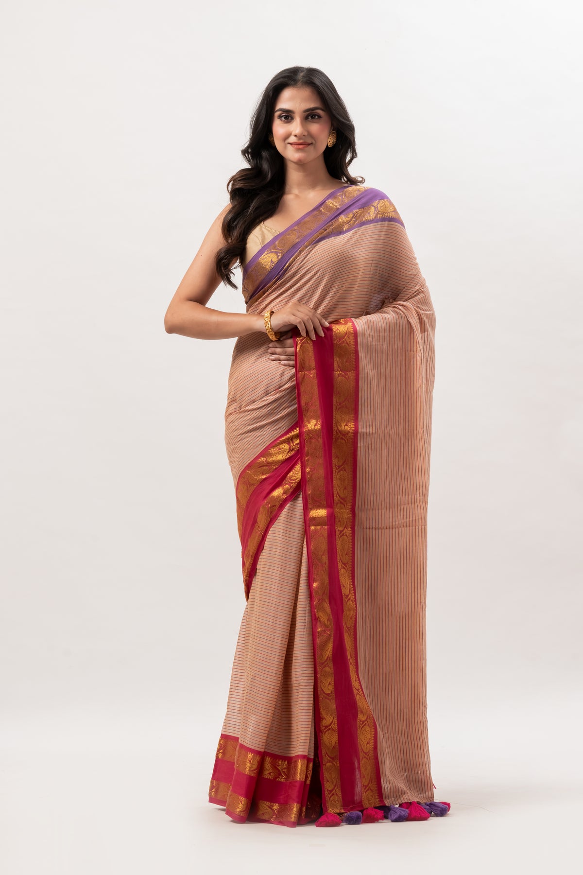 Beige Striped Mul Cotton Saree with Ganga Jamuna Border