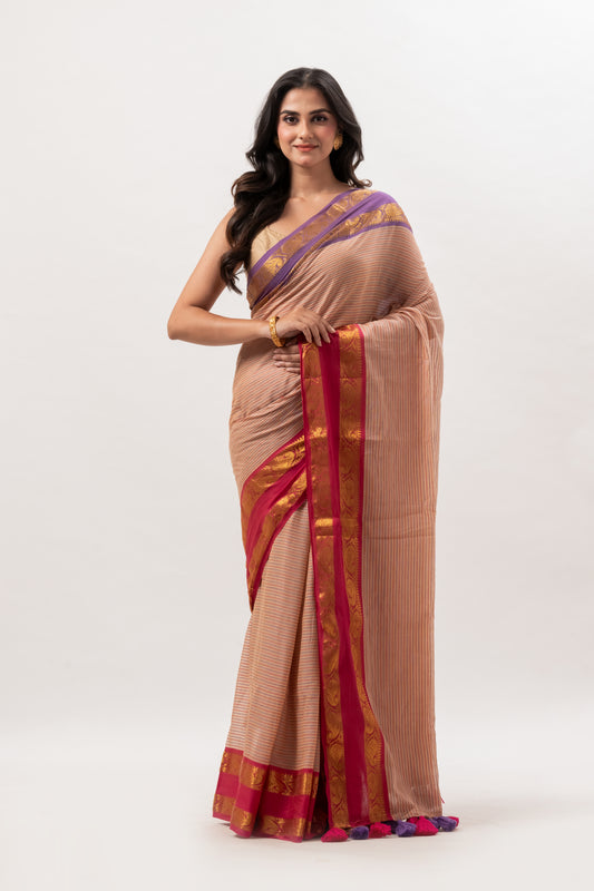 Beige Striped Mul Cotton Saree with Ganga Jamuna Border
