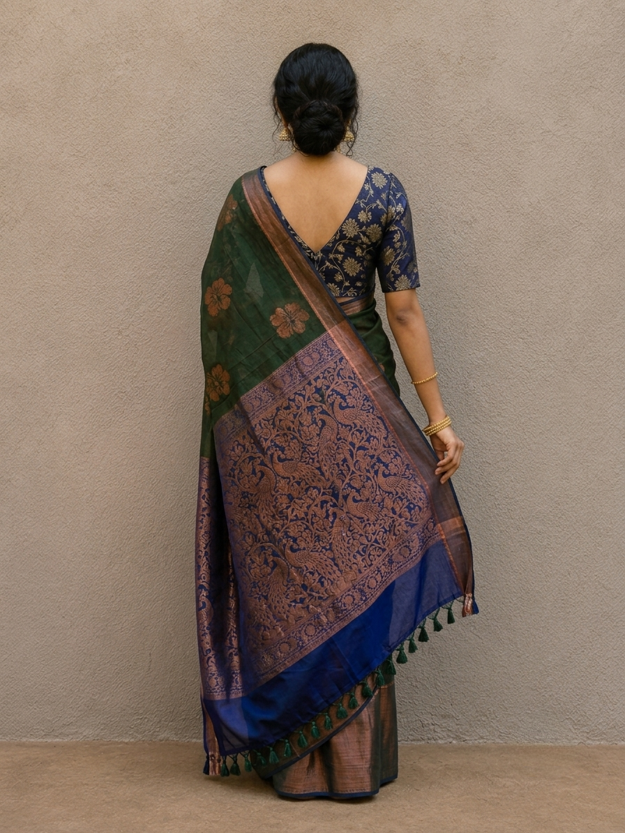 Dark green mulmul cotton flower motif saree