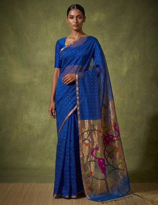 Handspun royal blue paithani resham silk saree
