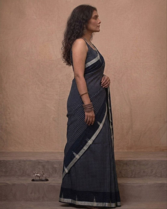Black check handspun cotton saree