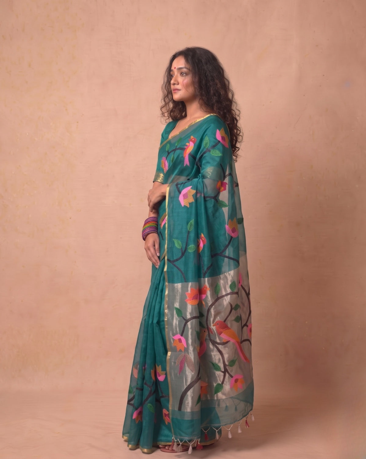 Pure Resham Handwoven needle jamdani Saree in rama green