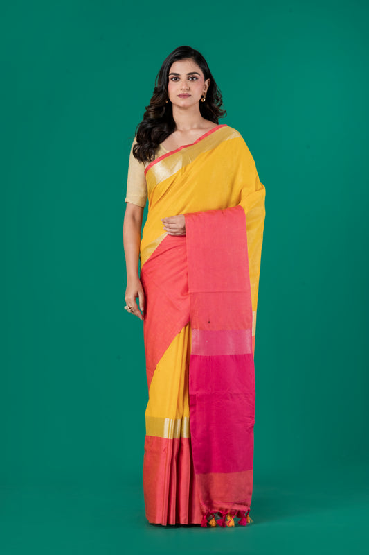 Yellow & dark pink pure linen saree