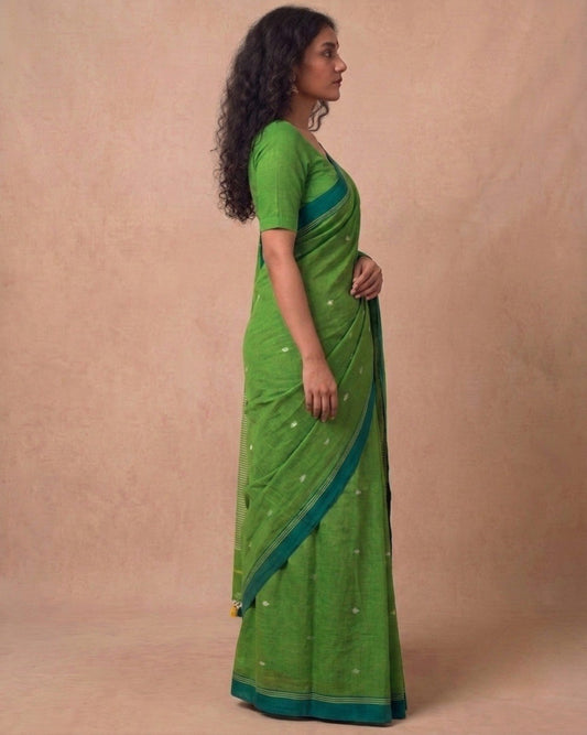 Green handspun cotton saree with white bootis