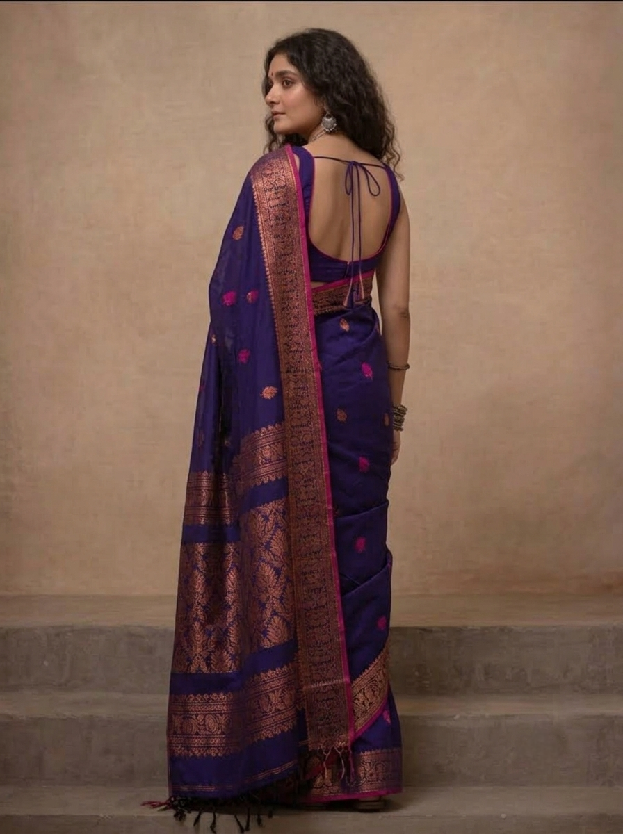Navy blue handloom saree with contrast pink edging and woven zari pallu