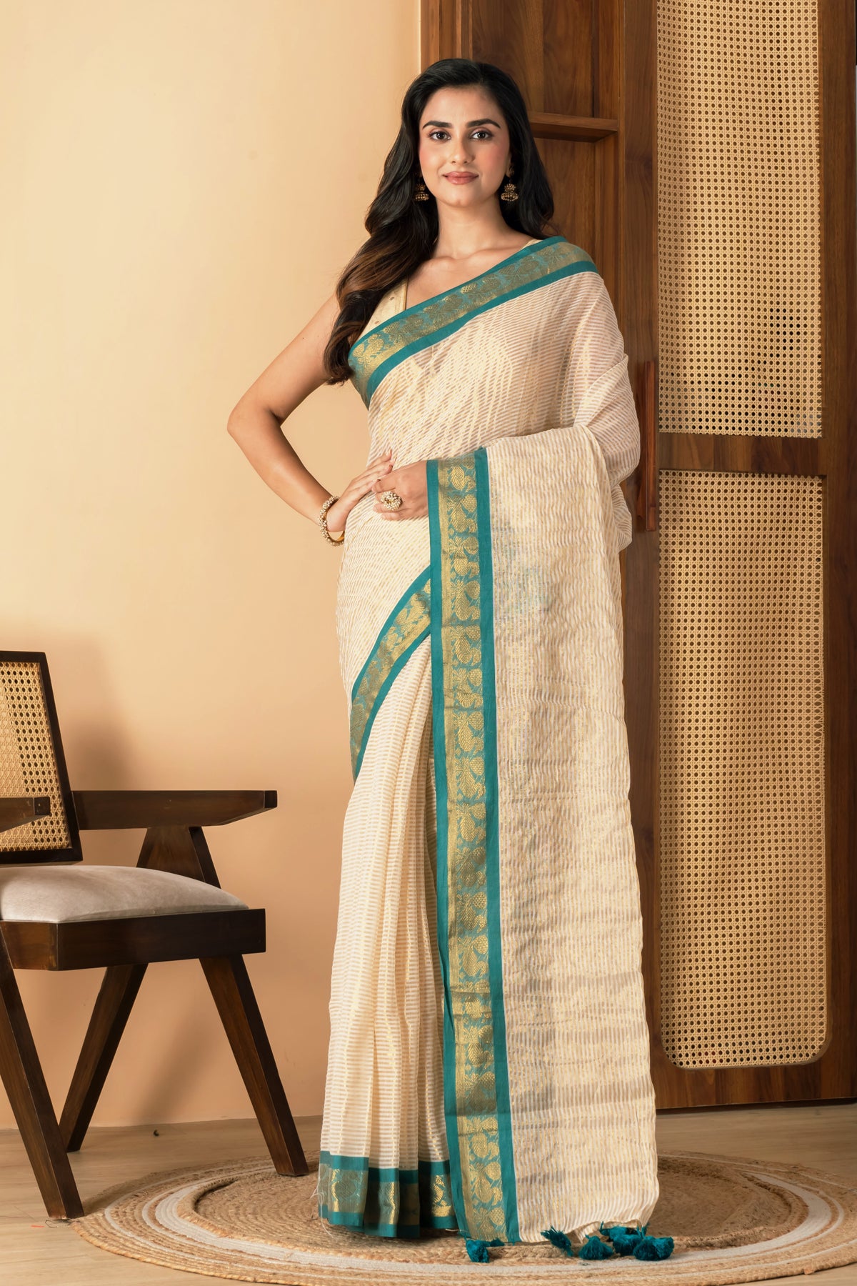Zari striped pure tissue mul cotton saree  Rama green border