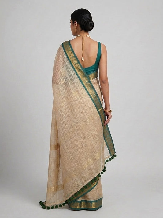 Zari striped pure tissue mul cotton saree  Rama green border