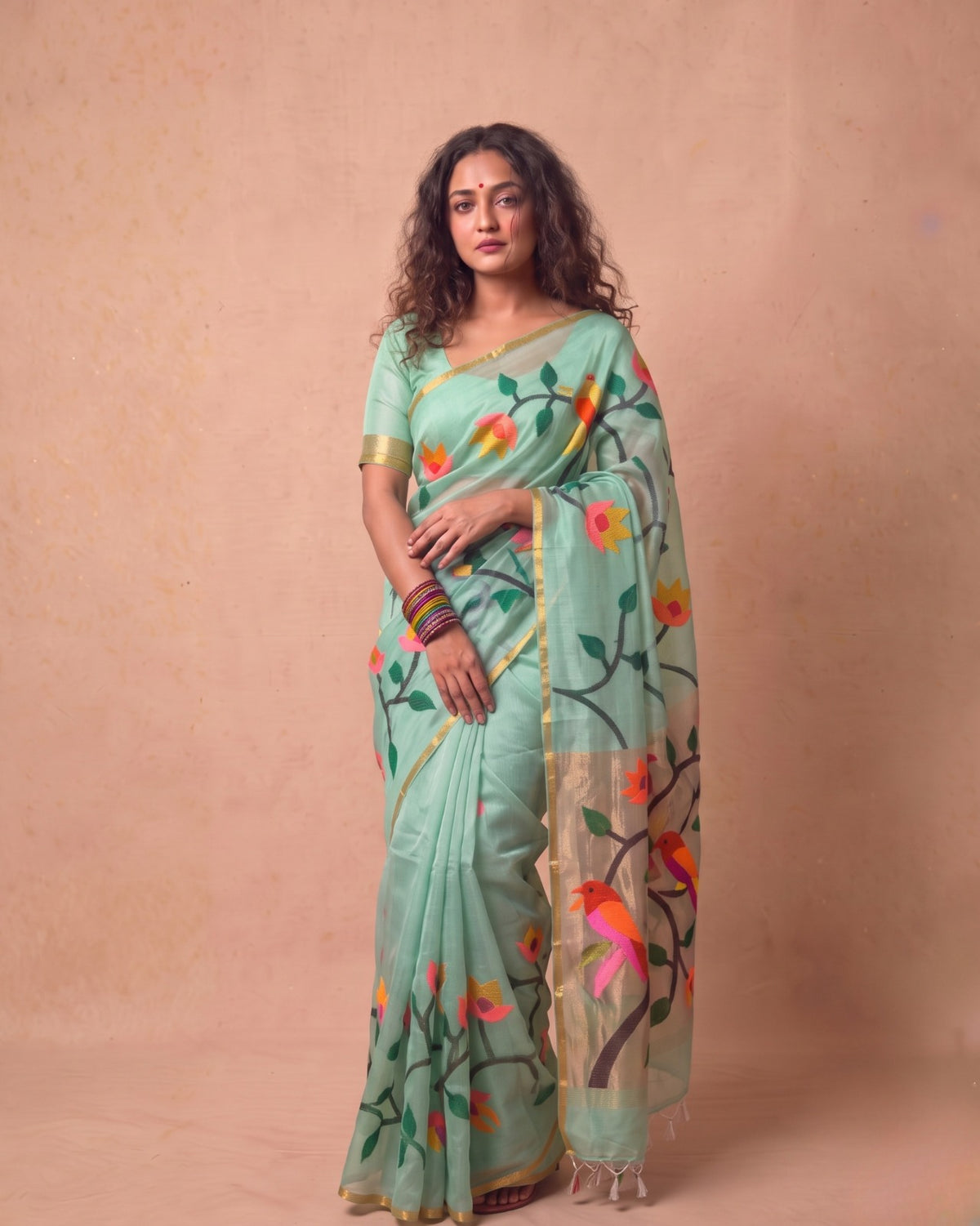 Mint green resham Silk Handloom Saree with Multi-Color Vine Weave