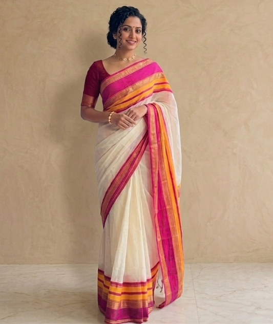 Off white deep-pink yellow kanchi border mulmul saree