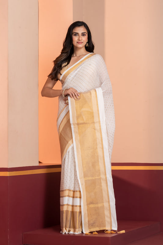 Classic Cream & Gold polka motif Handloom saree