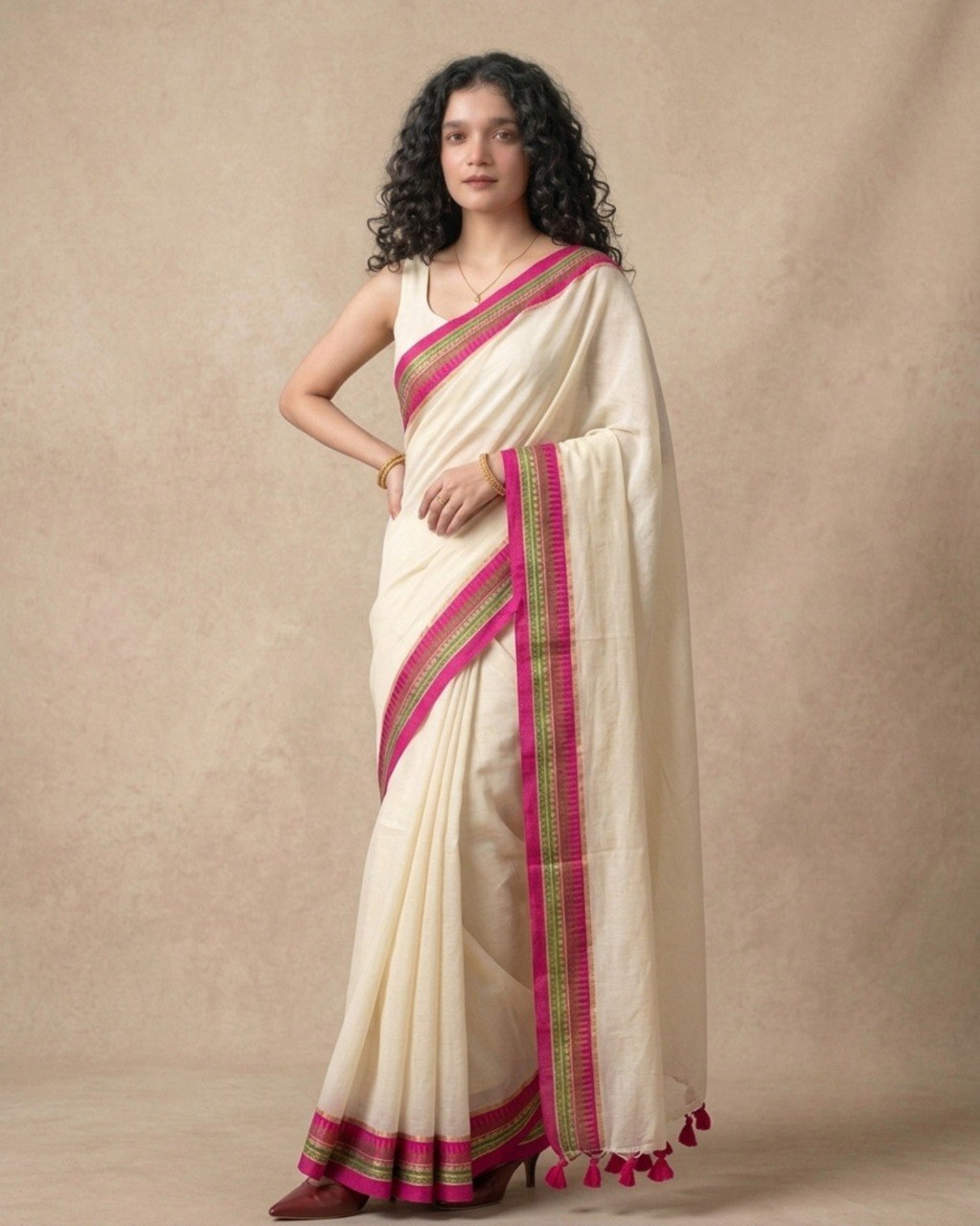 Cream Saree with Vibrant Dual-Tone Pink and Green Edging