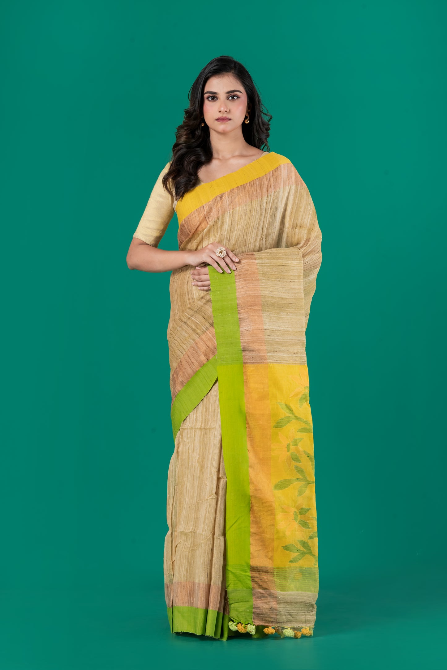 Green , yellow Ganga jamuna ghachi tussar saree