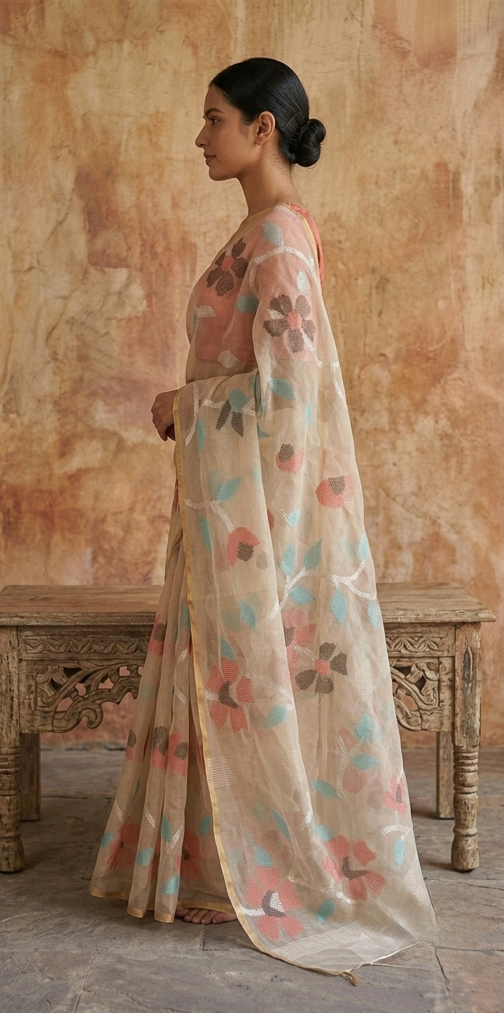 Off white all over jamdani resham silk saree