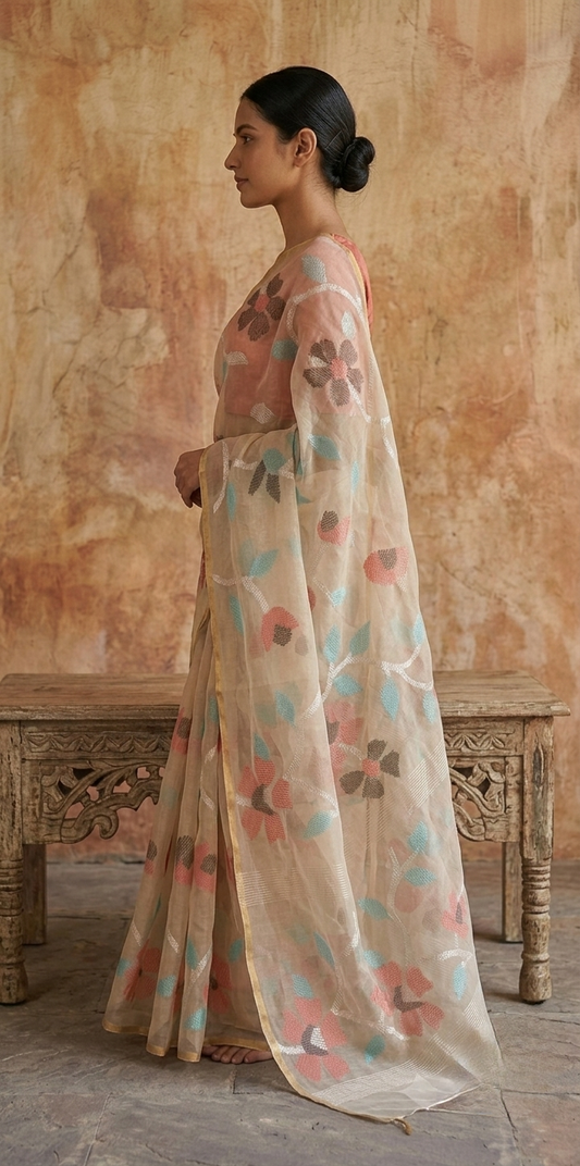 Off white all over jamdani resham silk saree