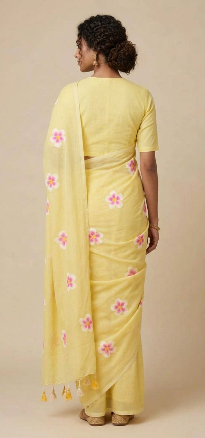 Lemon yellow floral Printed Mul Cotton Saree