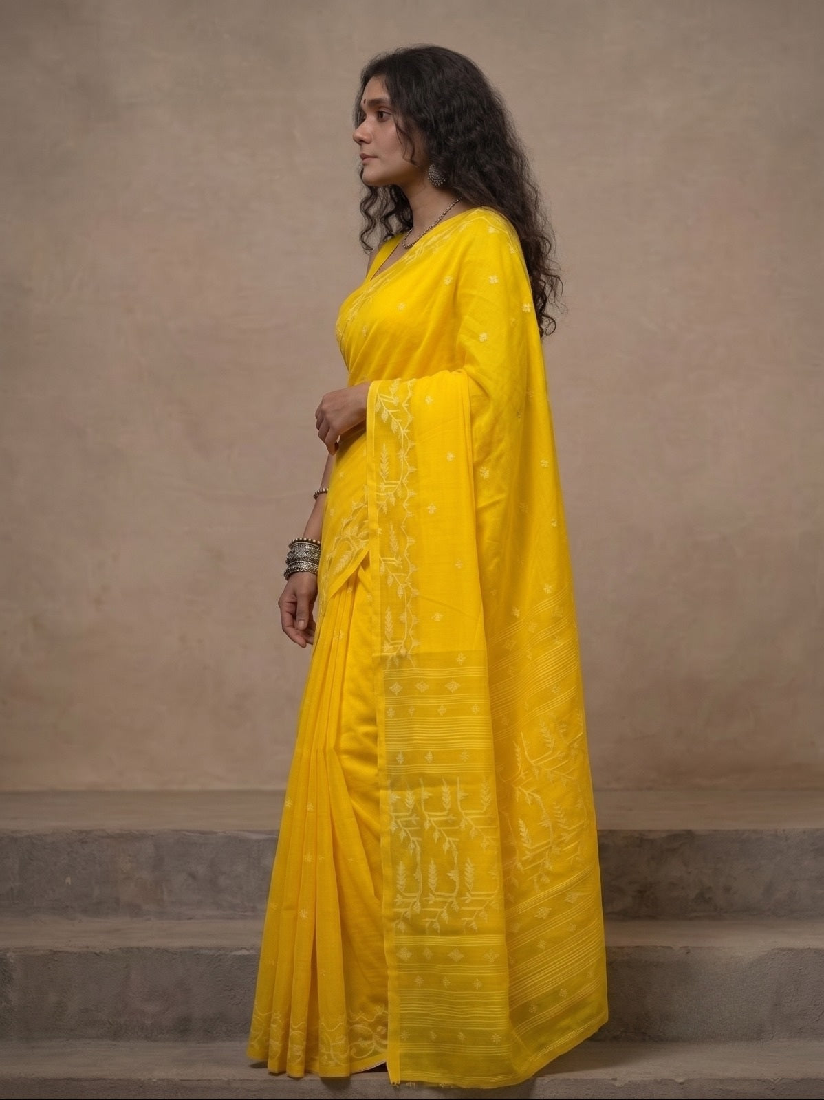 Bright yellow handloom cotton jamdani saree