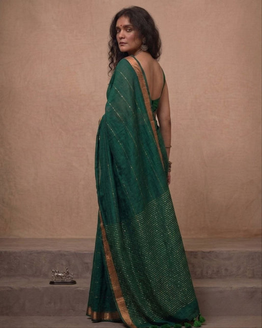 Bottle green premium handspun sequins cotton saree