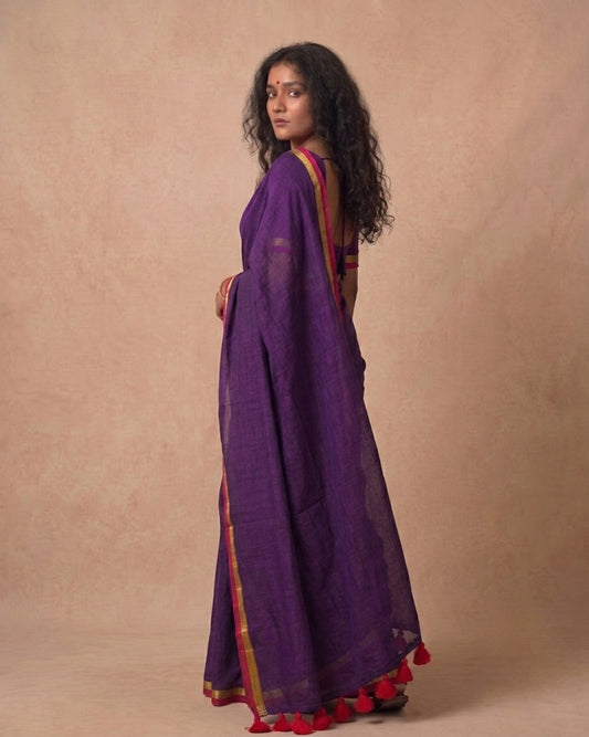 Deep purple mulmul cotton saree with red and zari border