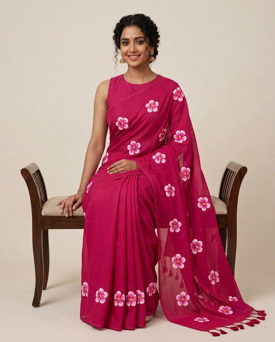 Dark Pink Floral Printed Mul Cotton Saree