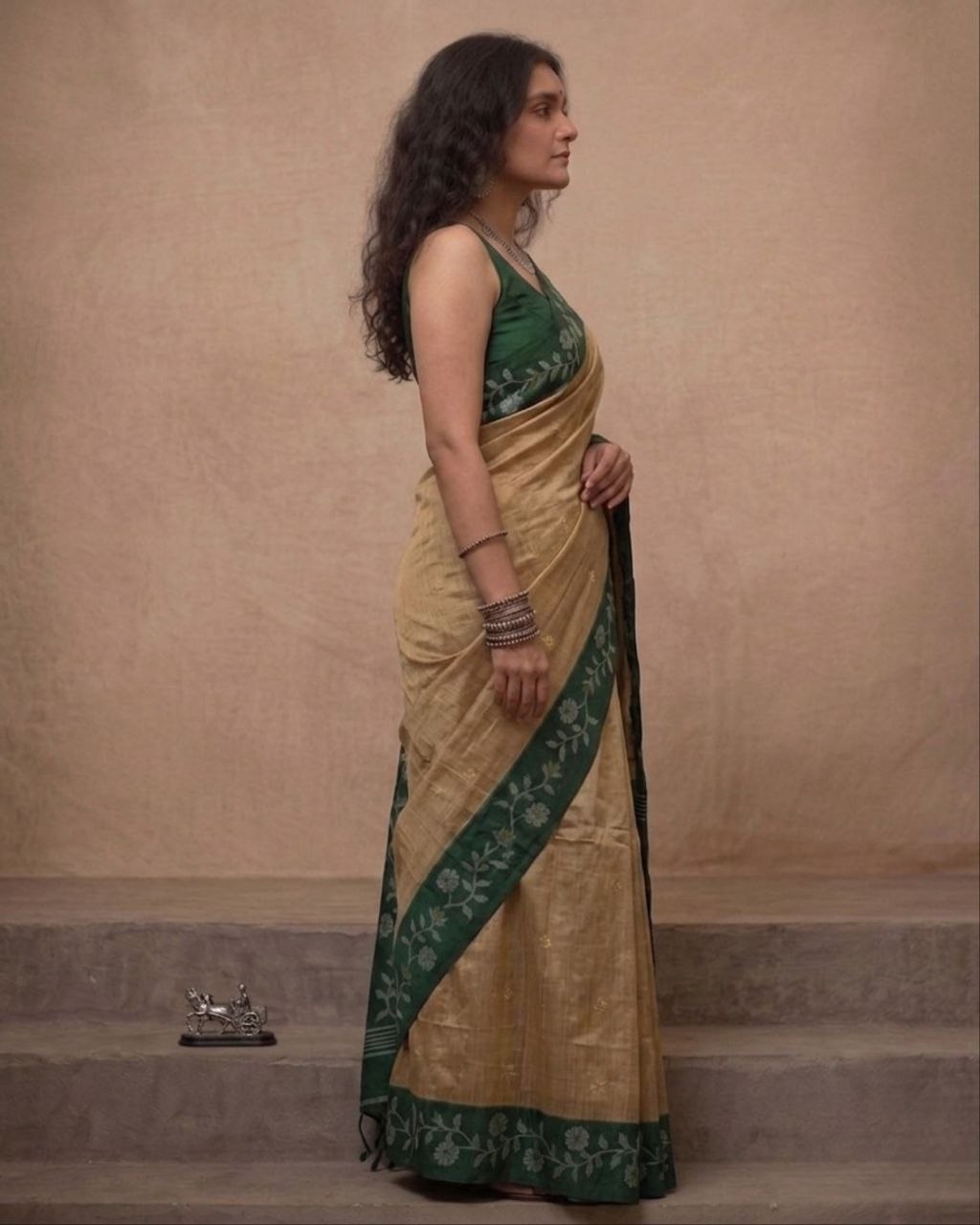 Beige and green tussar Jamdani saree