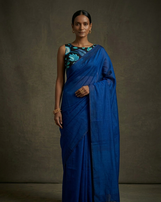Royal blue color mangalgiri cotton saree with hand-painted kalamkari bP