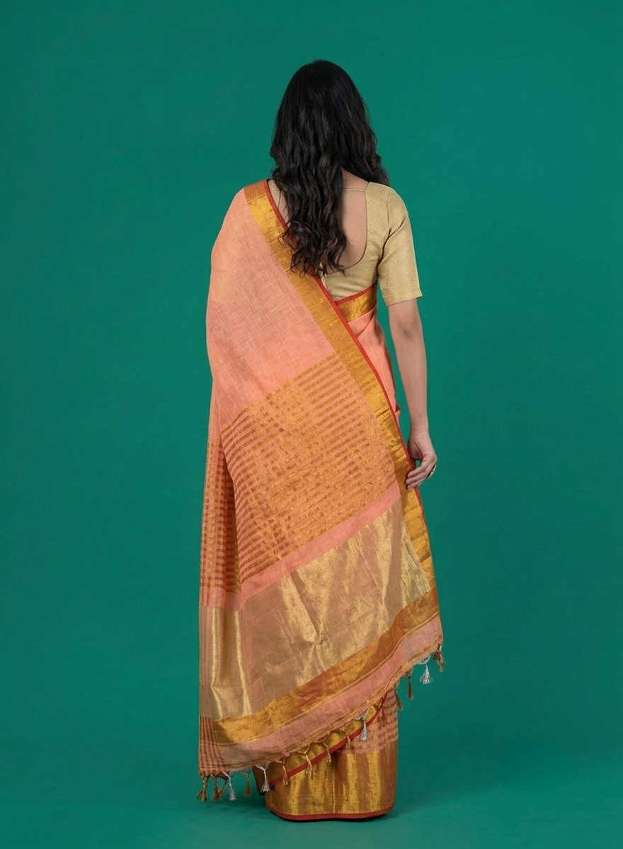 Peach broad zari border Linen Saree