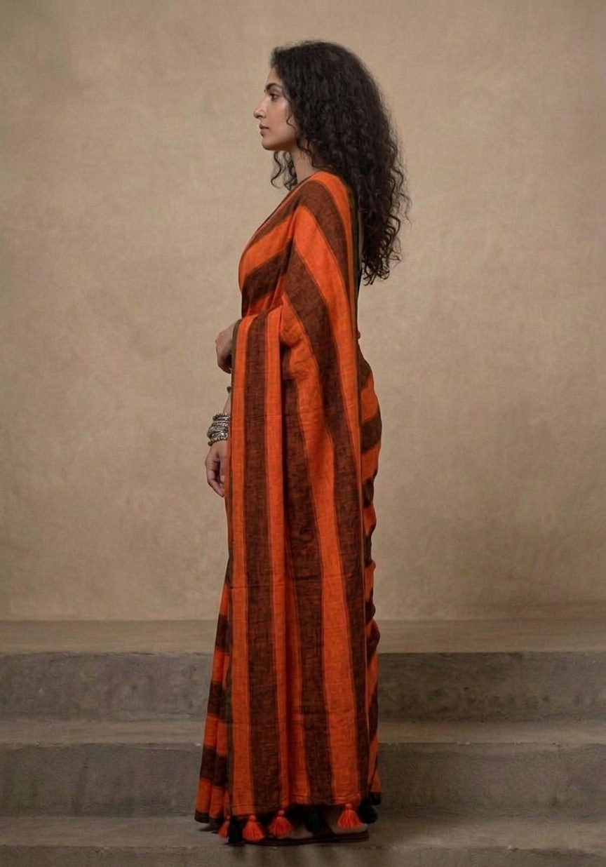 Orange n black striped mulmul cotton saree
