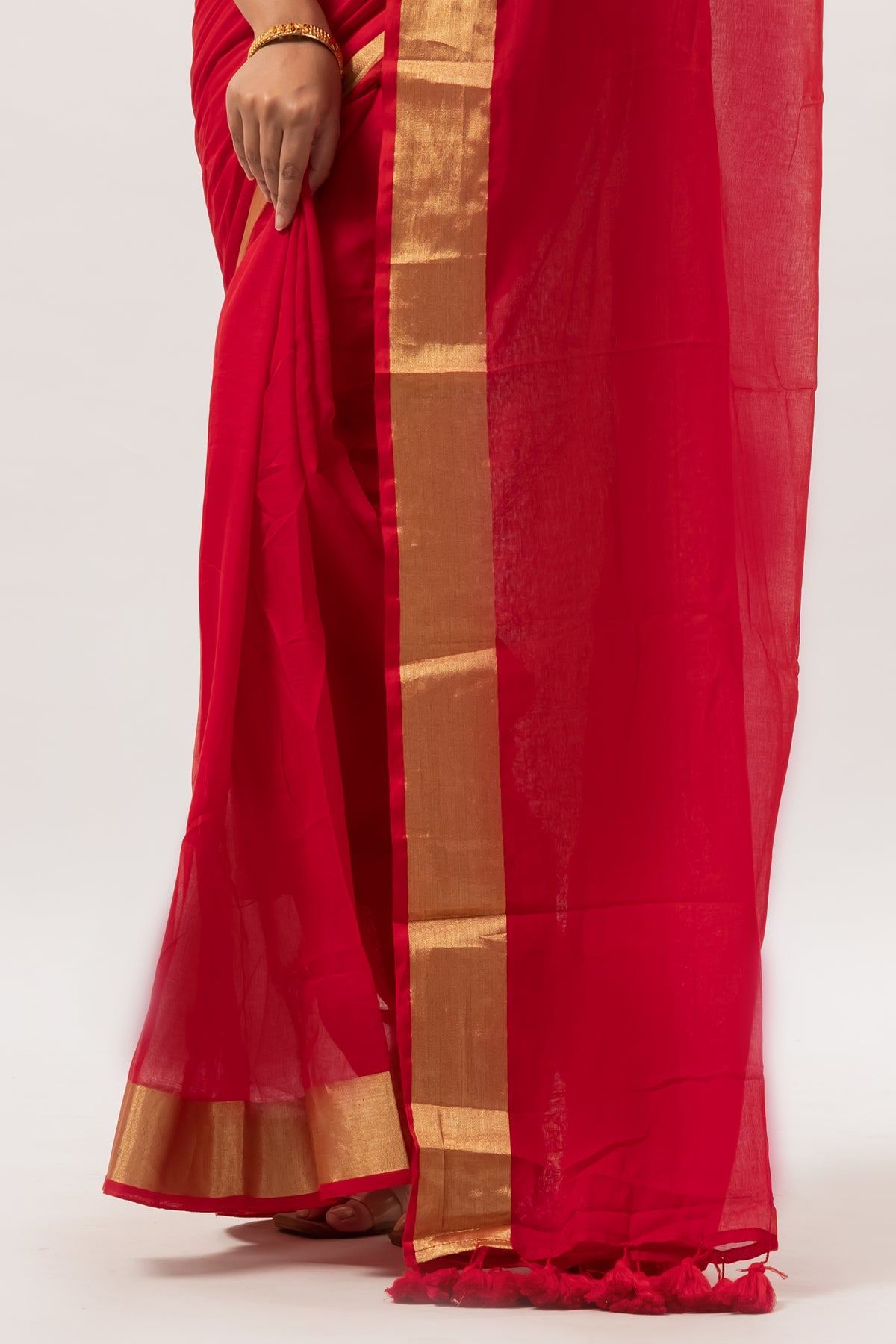 Vermillion red gold zari border mulmul saree