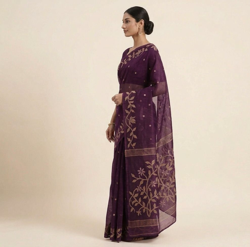 Deep purple handmade jamdani pure Resham Silk
