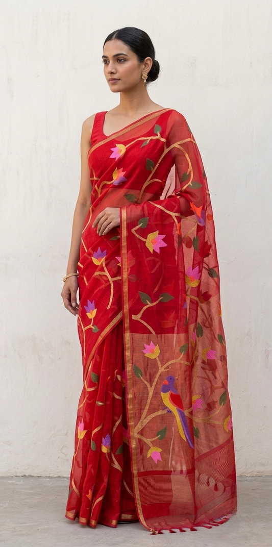 Vibrant red handspun white resham paithni silk saree