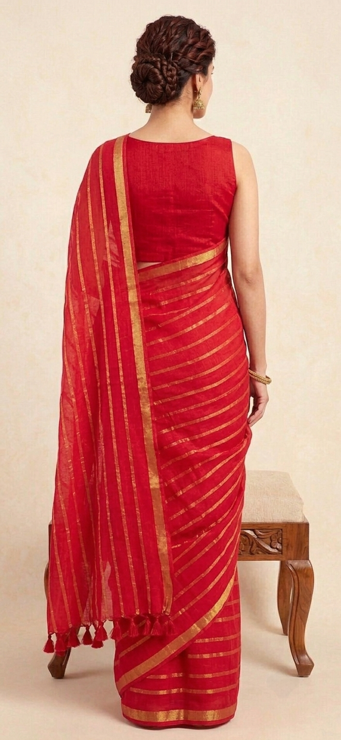 Bright red golden zari border mulmul Cotton Saree