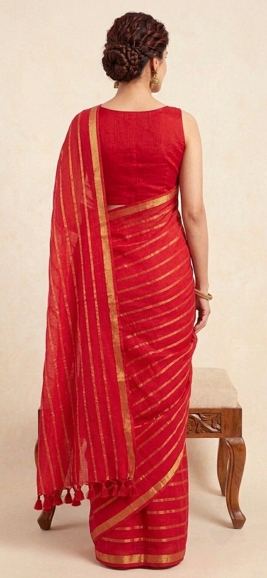Bright red golden zari border mulmul Cotton Saree
