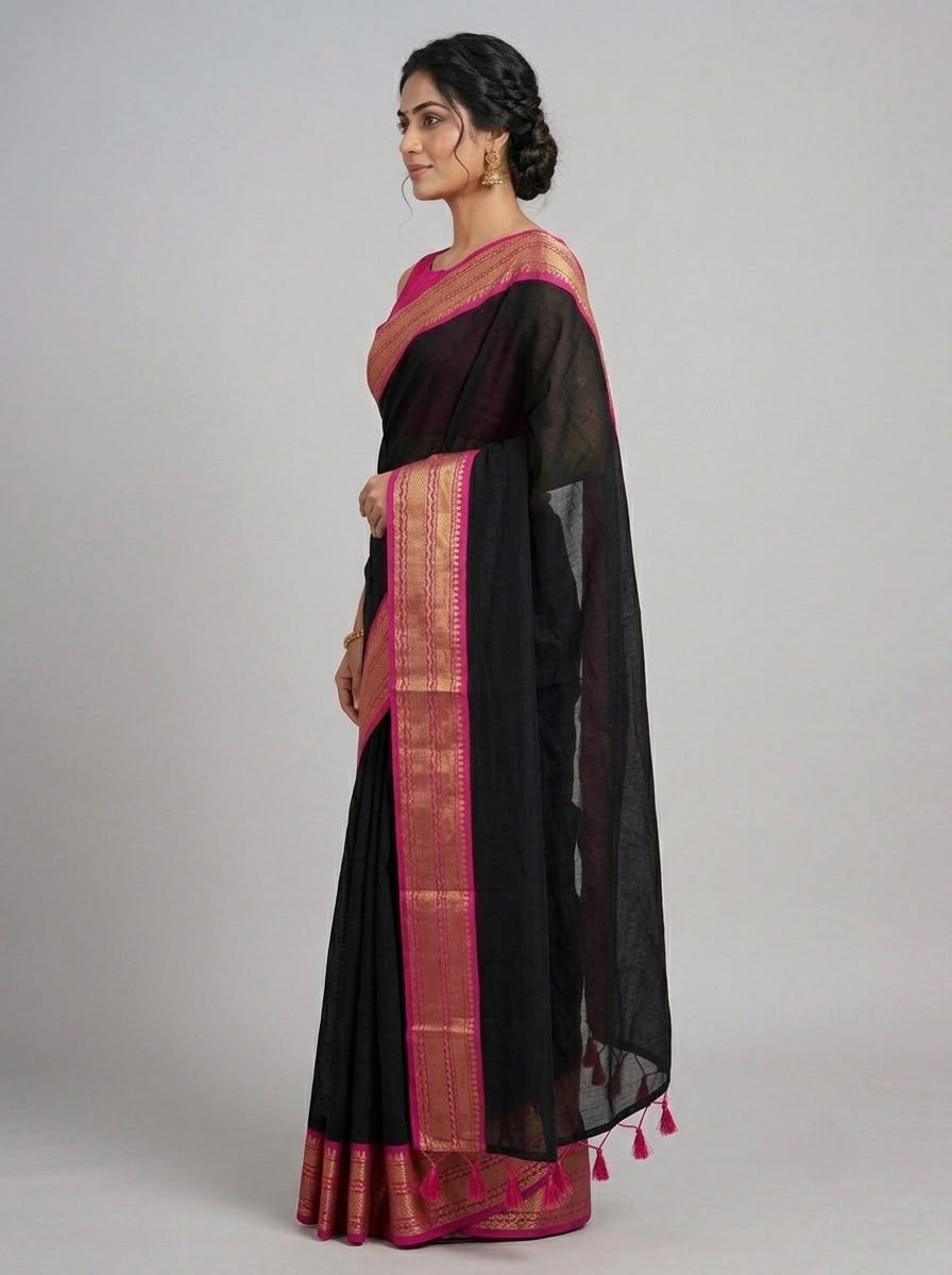 Classic black mulcotton saree with Contrast Pink and Gold Zari Border