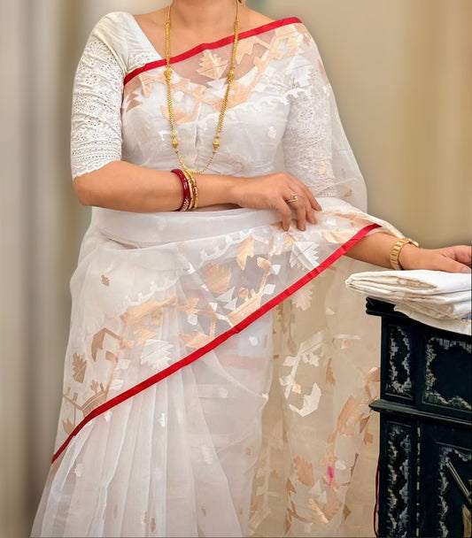 White and Gold Resham Silk