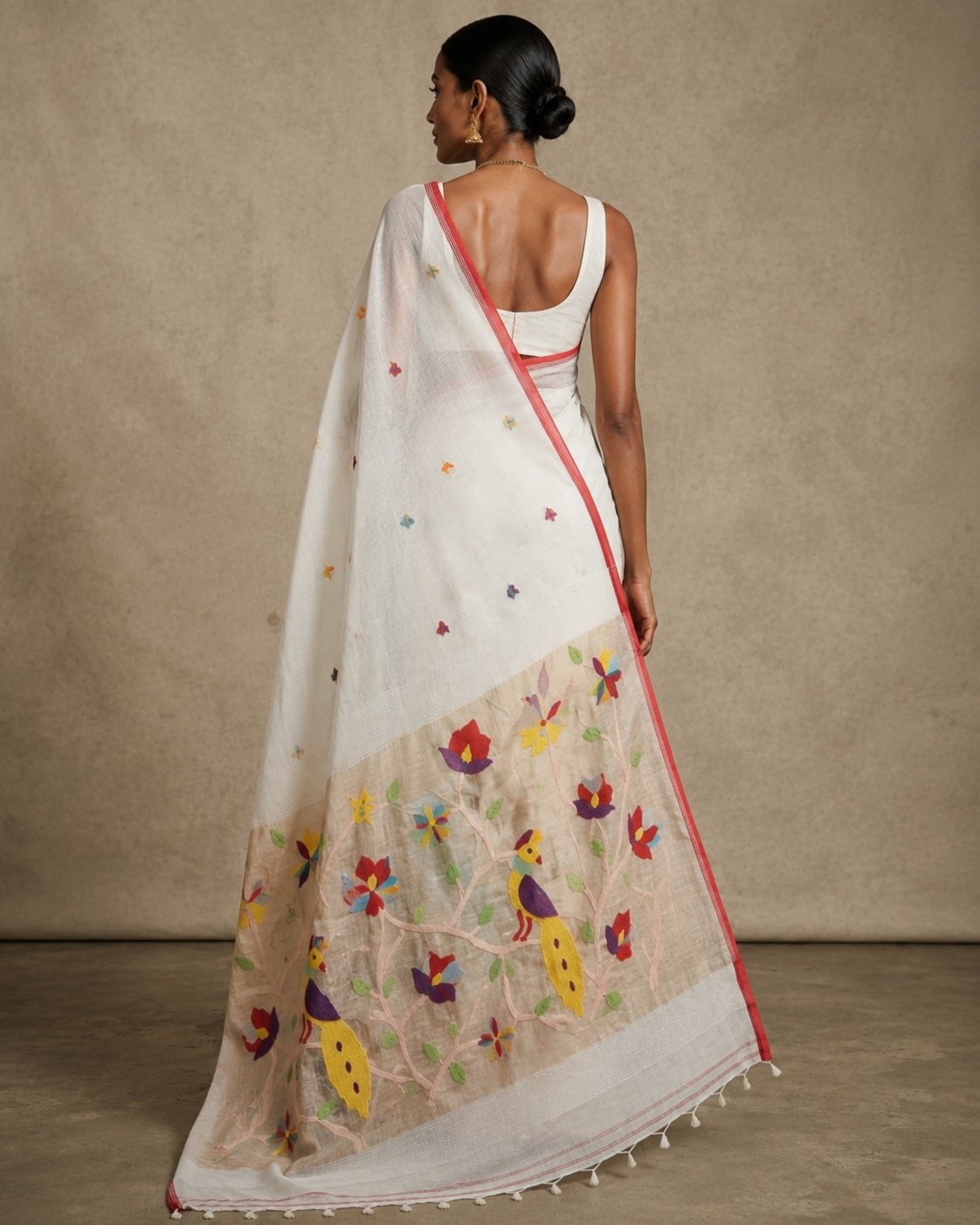 Handspun white resham paithni silk saree