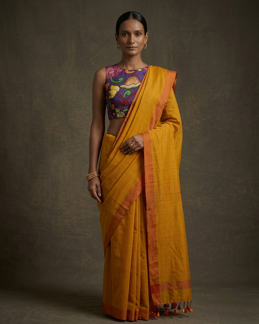 Plain mustard yellow color mangalgiri cotton sarees with hand-painted kalamkari bP .