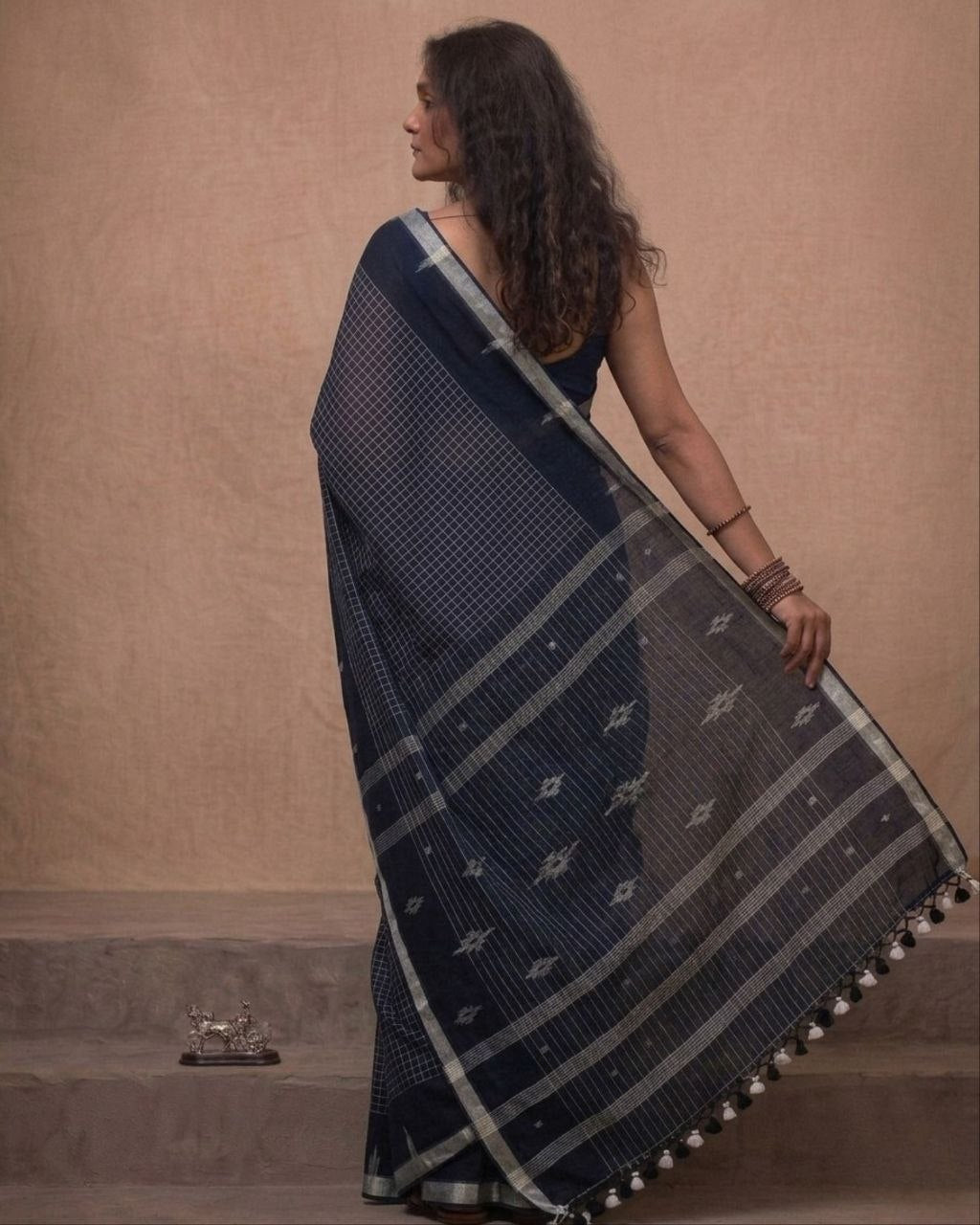 Black check handspun cotton saree