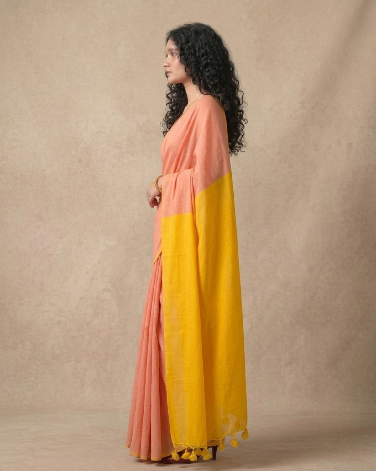 Khadi cotton saree plain solid peach and yellow