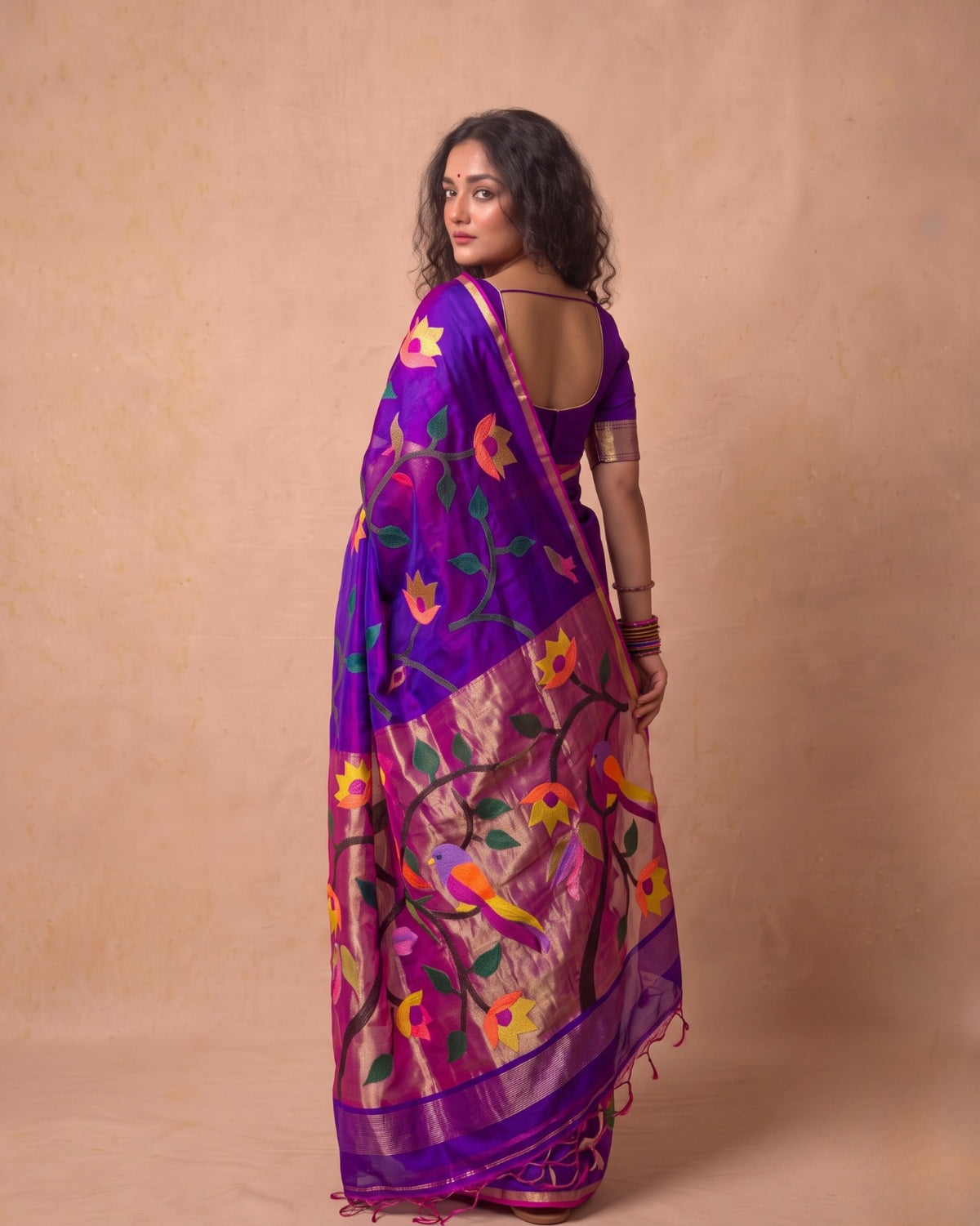 Deep Purple Resham Silk Handloom Saree with Multi-Color Vine Weave