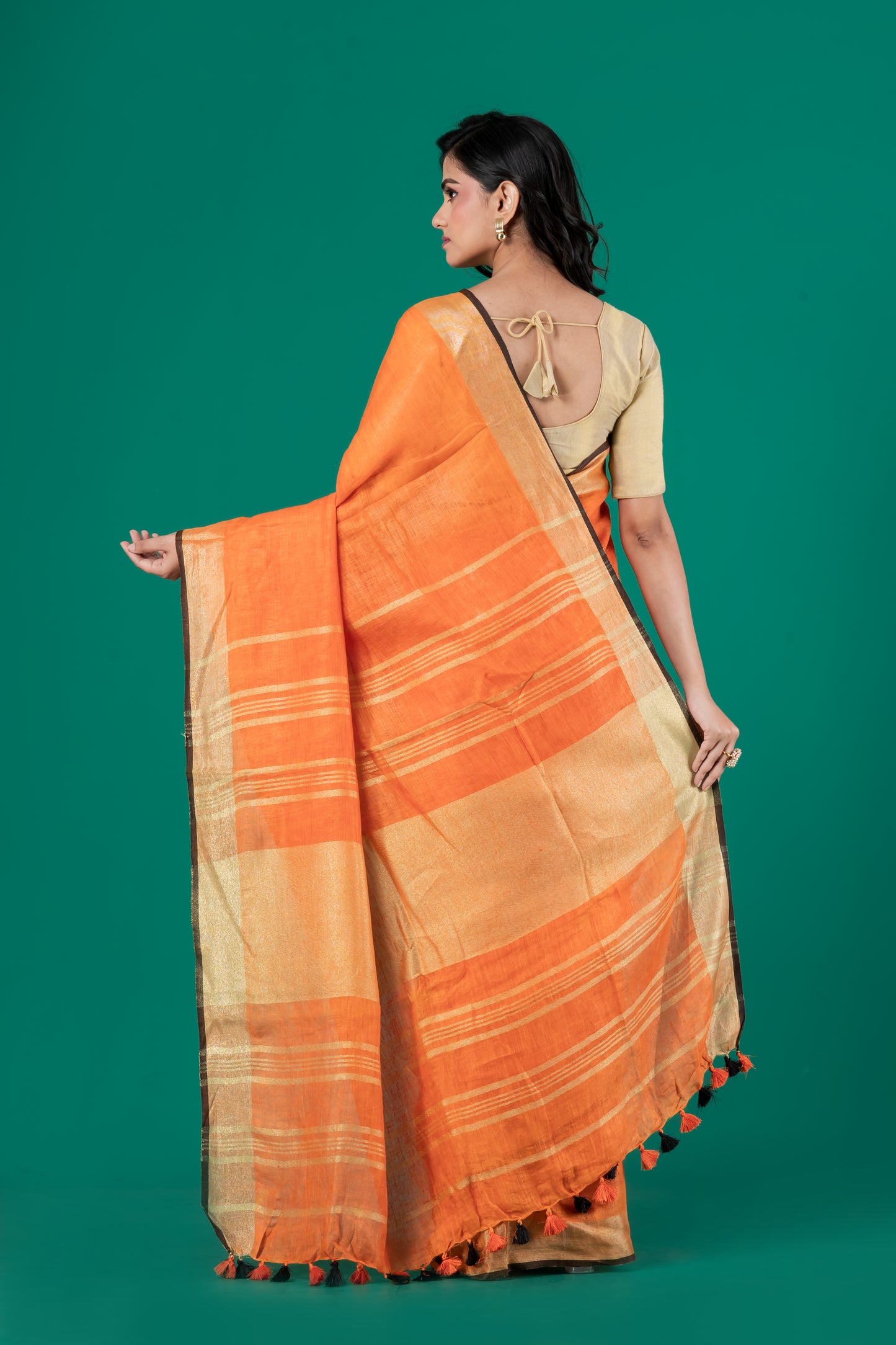 Orange pure linen saree