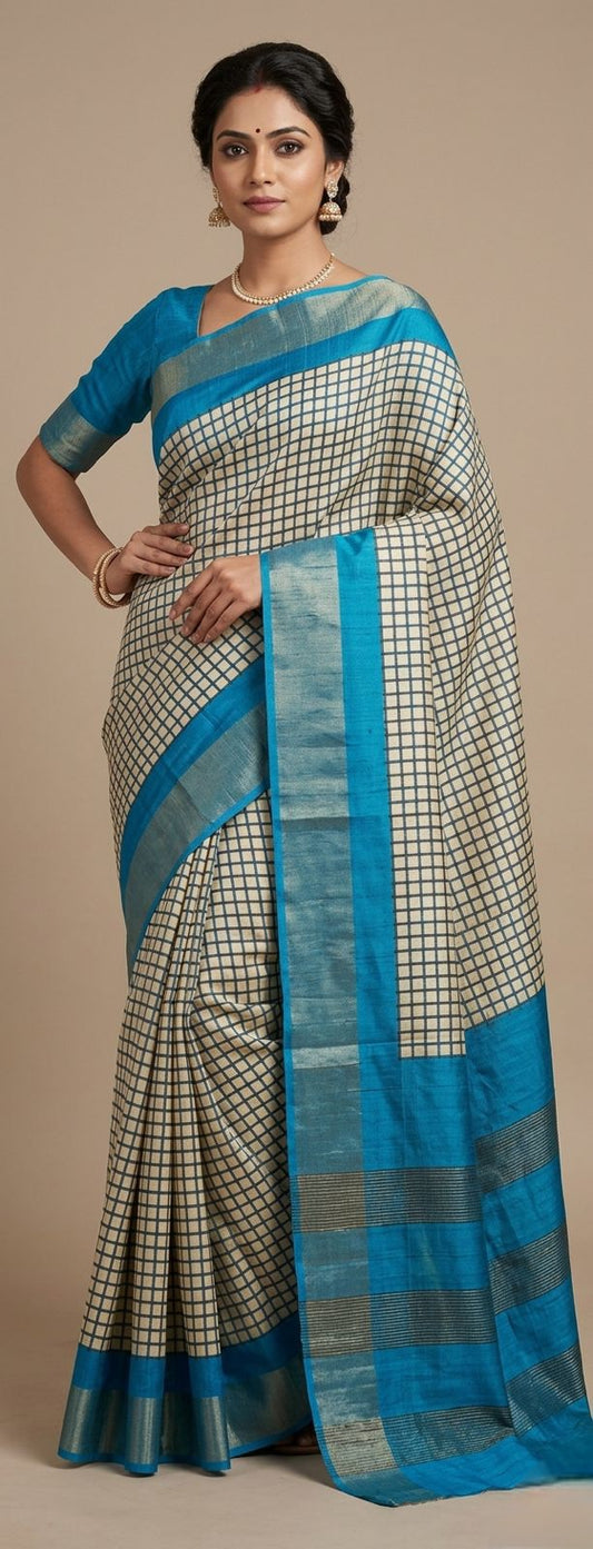 Turqoise Zari Tussar silk saree- printed